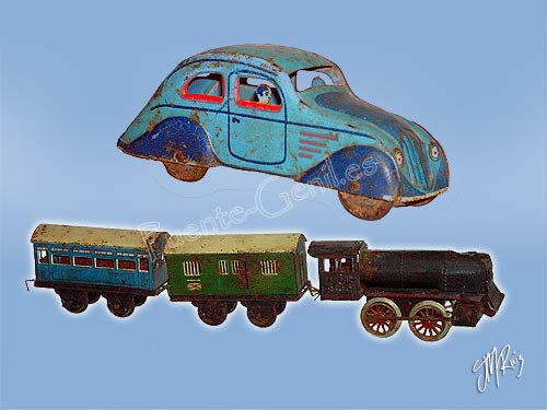 Juguetes de hojalata. Coche y tren Juguetes de hojalata. Coche y tren