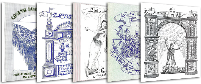 Libros Feria Real de Puente-Genil, años 1995, 1996, 1997, 1998 y 1999. Dibujos Antonio Carrillo.